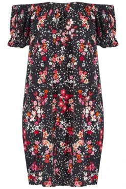 Textured Woven Bardot Puff Sleeve Beach Dress - Black Floral -Sultry Curve 246524 20210407132600