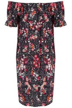 Textured Woven Bardot Puff Sleeve Beach Dress - Black Floral -Sultry Curve 246525 20210407132600