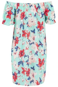 Textured Woven Bardot Puff Sleeve Beach Dress - Aqua Floral -Sultry Curve 246527 20210407132700