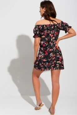 Textured Woven Bardot Puff Sleeve Beach Dress - Black Floral -Sultry Curve 247535 20210407132600