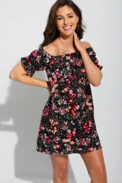Textured Woven Bardot Puff Sleeve Beach Dress - Black Floral -Sultry Curve 247536 20210407132600
