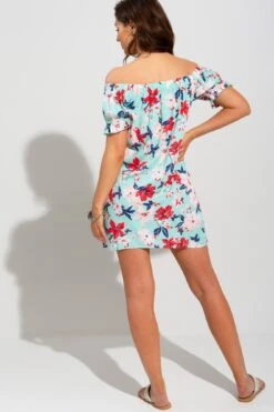 Textured Woven Bardot Puff Sleeve Beach Dress - Aqua Floral -Sultry Curve 247541 20210407132700
