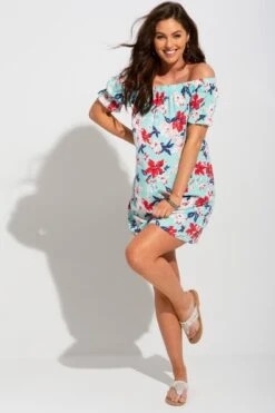 Textured Woven Bardot Puff Sleeve Beach Dress - Aqua Floral -Sultry Curve 247542 20210407132700