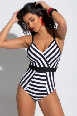 Stripe Panelled Control Swimsuit - Black/White -Sultry Curve 251137 20230224113100