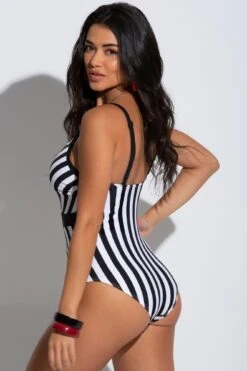 Stripe Panelled Control Swimsuit - Black/White -Sultry Curve 251139 20230224113100