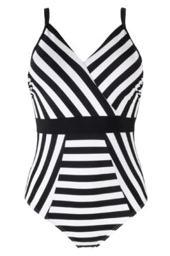 Stripe Panelled Control Swimsuit - Black/White -Sultry Curve 251140 20230224113100