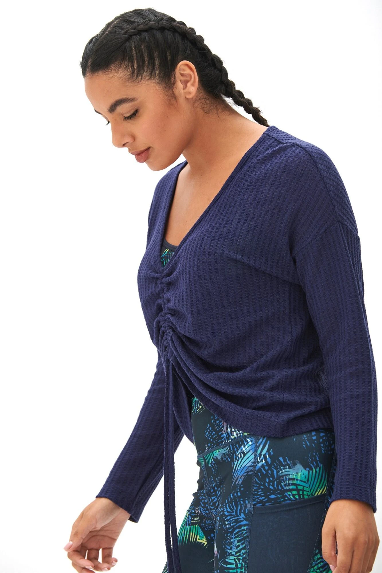 Waffle Knit Ruche Front Long Sleeve Top - Navy 6 Waffle Knit Ruche Front Long Sleeve Top - Navy - Image 4