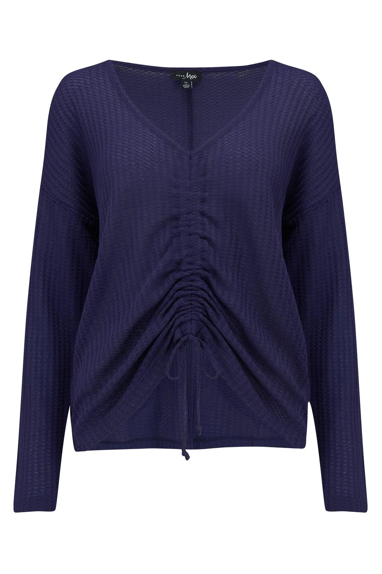 Waffle Knit Ruche Front Long Sleeve Top - Navy 8 Waffle Knit Ruche Front Long Sleeve Top - Navy - Image 6