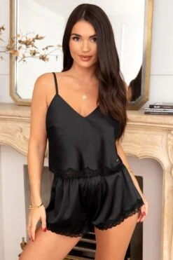 India Satin And Lace Cami And Short Pyjama Set - Black