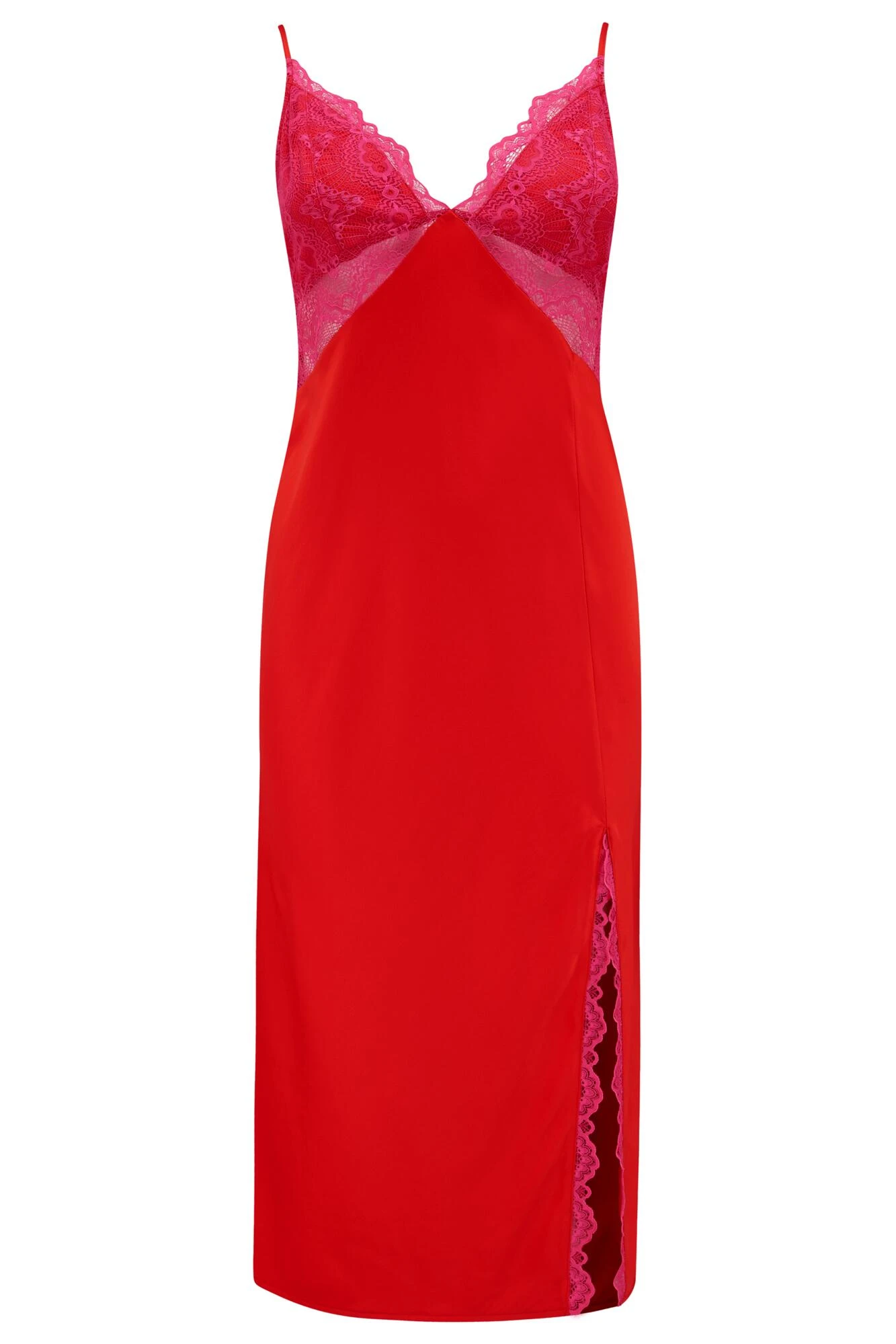 Lace Mix Satin Midi Chemise - Red/Pink 8 Lace Mix Satin Midi Chemise - Red/Pink - Image 6