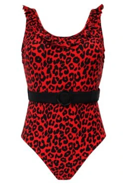 Frill Neck Belted Control Swimsuit - Red Leopard 14 Frill Neck Belted Control Swimsuit - Red Leopard -Sultry Curve 277273 20220428132800