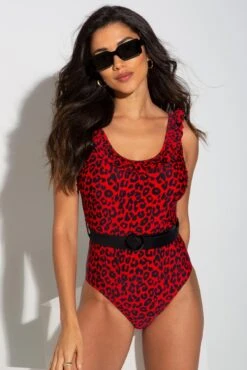 Frill Neck Belted Control Swimsuit - Red Leopard 11 Frill Neck Belted Control Swimsuit - Red Leopard -Sultry Curve 277275 20220428132800