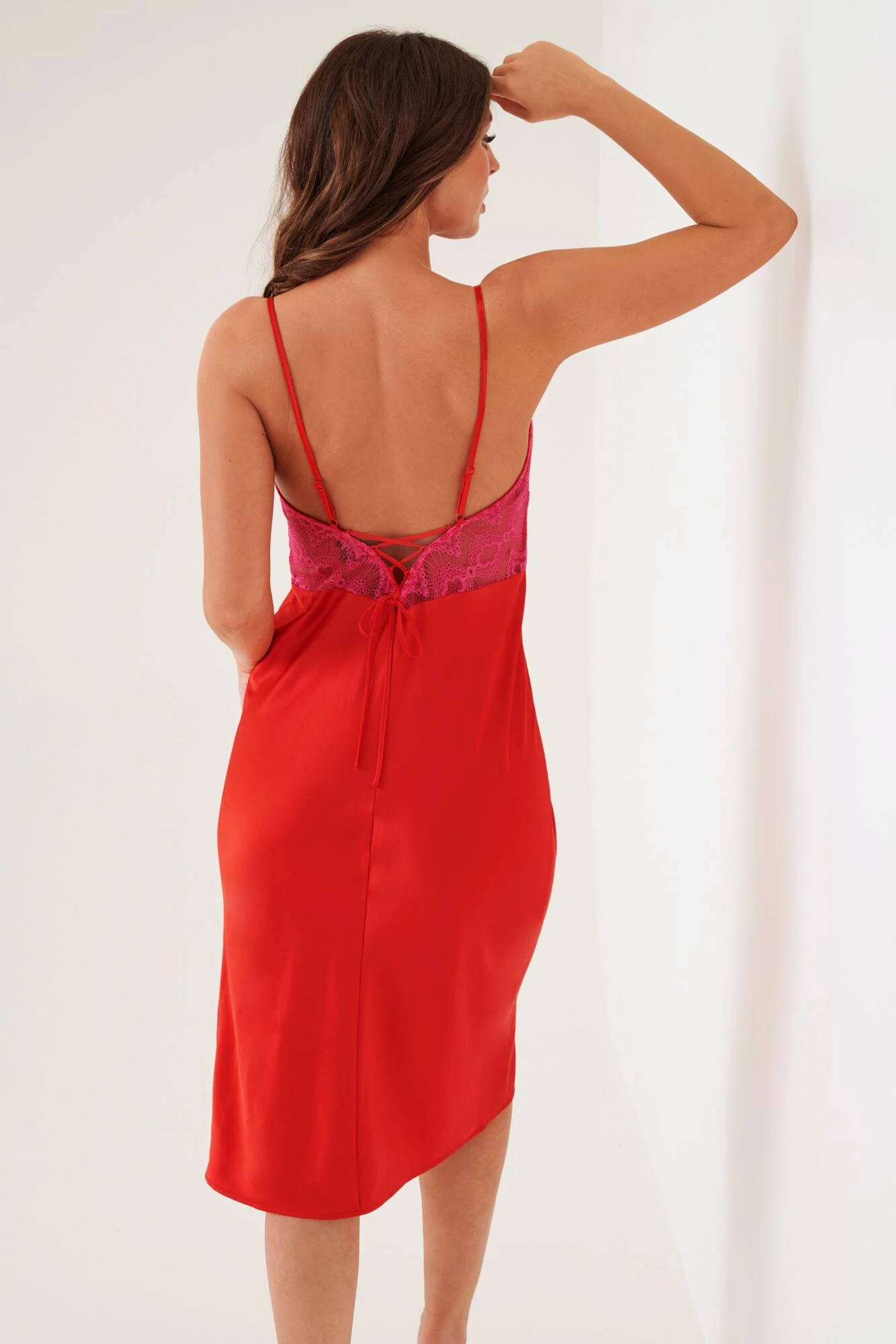 Lace Mix Satin Midi Chemise - Red/Pink 5 Lace Mix Satin Midi Chemise - Red/Pink - Image 3