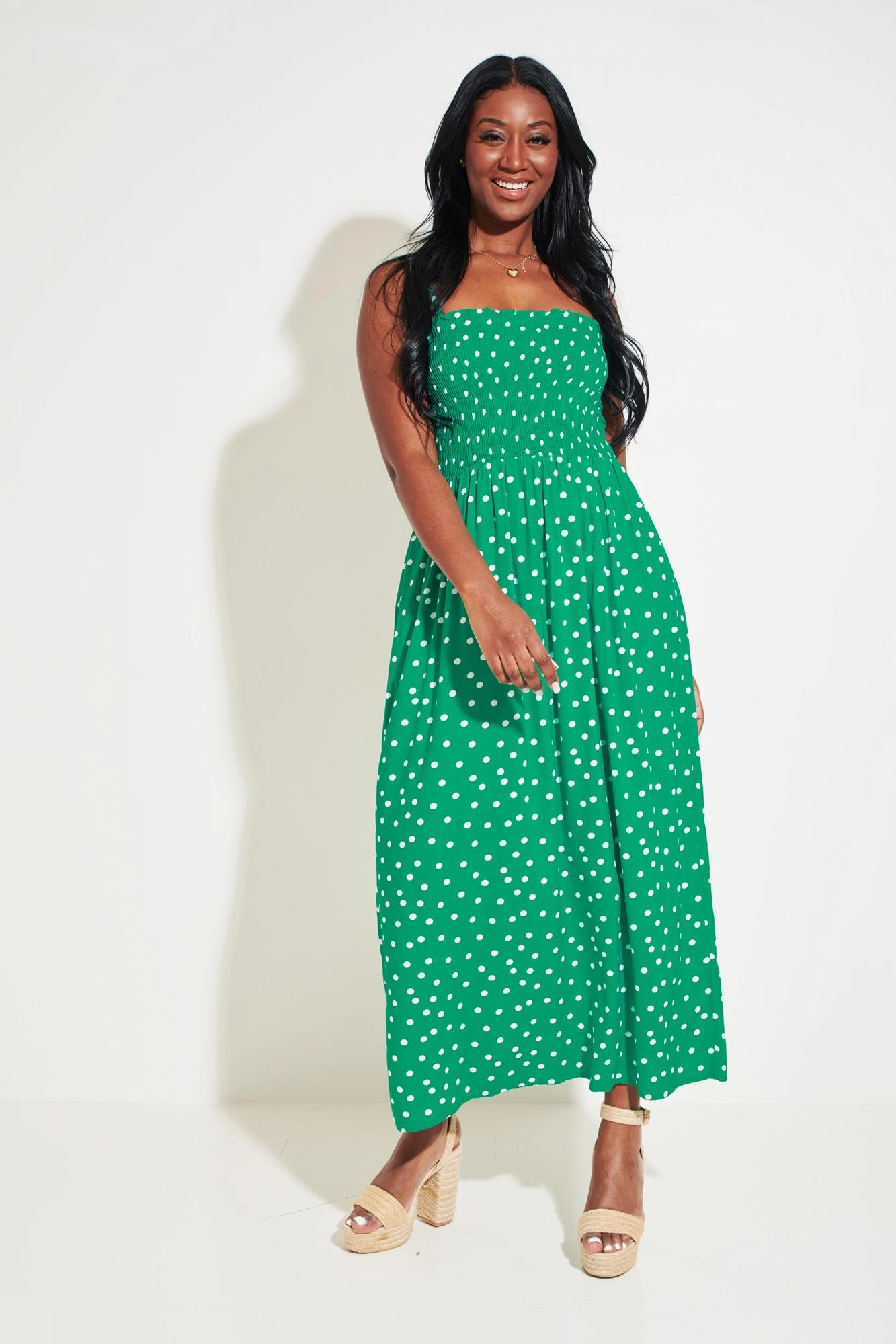 Removable Straps Shirred Bodice Maxi Dress - Green/White 6 Removable Straps Shirred Bodice Maxi Dress - Green/White - Image 4