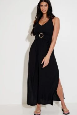 Halter Neck Gold Buckle Maxi Dress - Black -Sultry Curve 281637 20220627150700