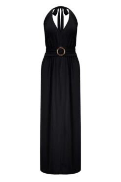 Halter Neck Gold Buckle Maxi Dress - Black -Sultry Curve 281639 20220627150700