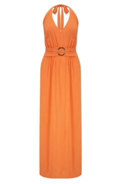 Halter Neck Gold Buckle Maxi Dress - Orange -Sultry Curve 281641 20220404130900