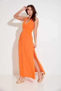 Halter Neck Gold Buckle Maxi Dress - Orange