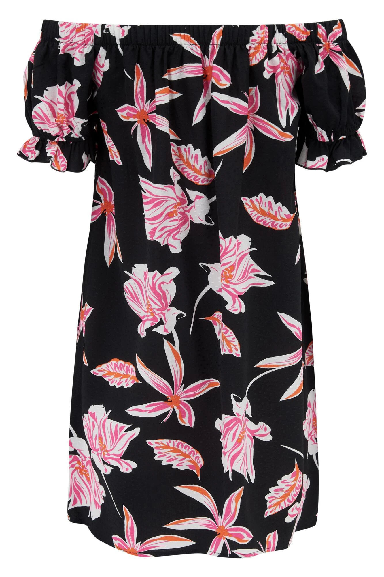 Textured Woven Bardot Puff Sleeve Beach Dress - Black/Pink 7 Textured Woven Bardot Puff Sleeve Beach Dress - Black/Pink - Image 5