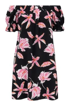 Textured Woven Bardot Puff Sleeve Beach Dress - Black/Pink 10 Textured Woven Bardot Puff Sleeve Beach Dress - Black/Pink -Sultry Curve 281811 20220406115500