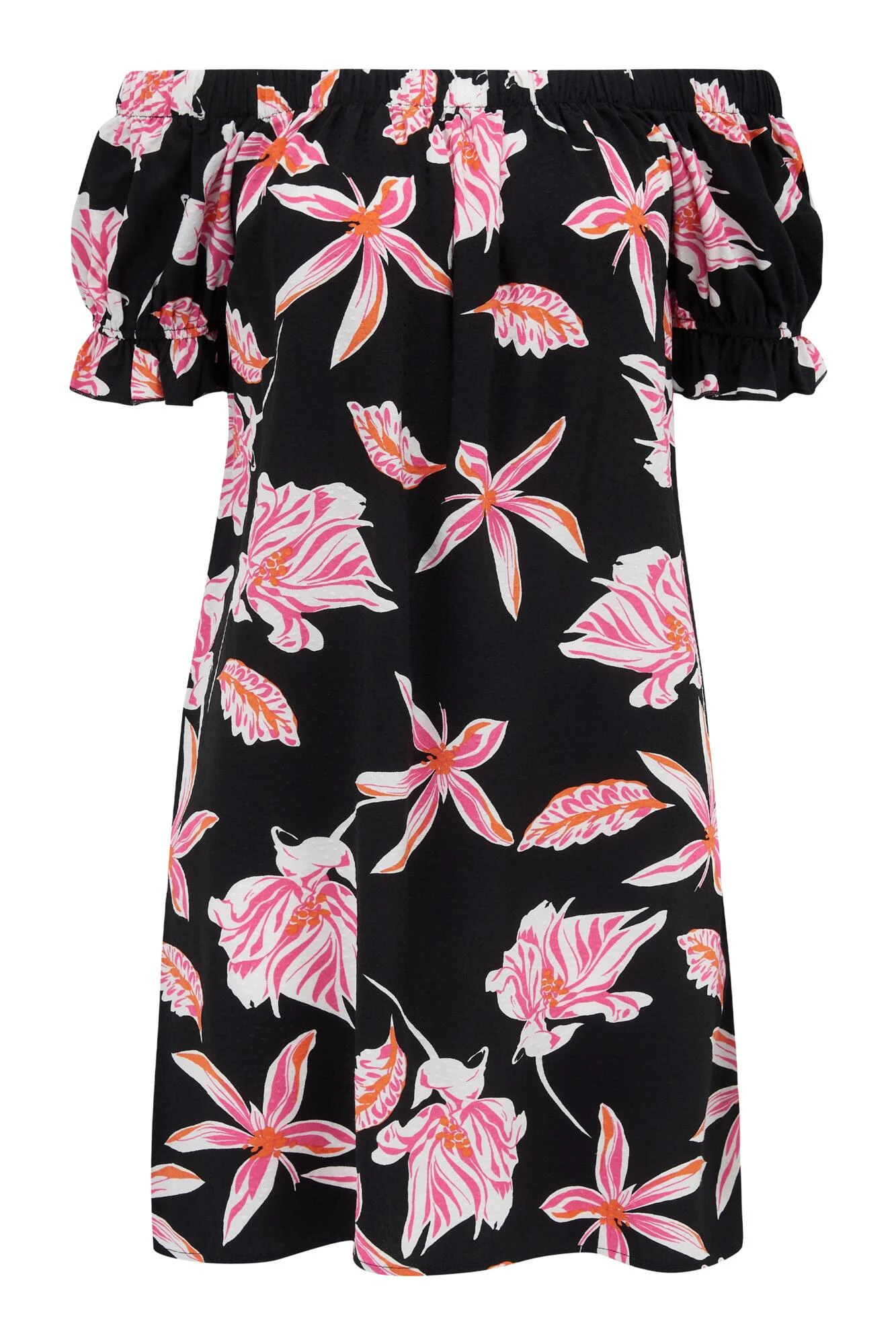 Textured Woven Bardot Puff Sleeve Beach Dress - Black/Pink 6 Textured Woven Bardot Puff Sleeve Beach Dress - Black/Pink - Image 4