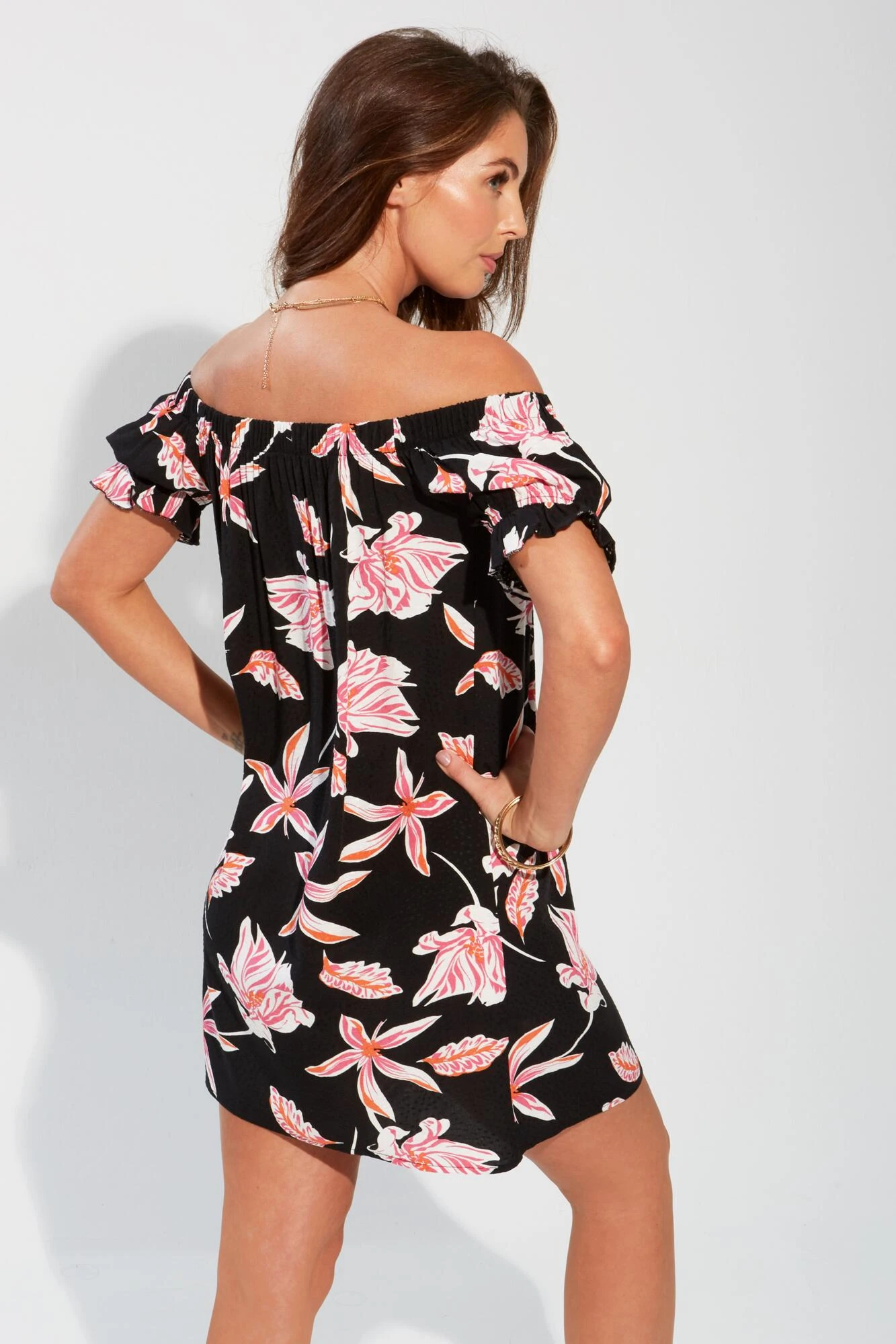 Textured Woven Bardot Puff Sleeve Beach Dress - Black/Pink 4 Textured Woven Bardot Puff Sleeve Beach Dress - Black/Pink - Image 2