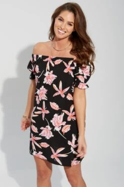 Textured Woven Bardot Puff Sleeve Beach Dress - Black/Pink 9 Textured Woven Bardot Puff Sleeve Beach Dress - Black/Pink -Sultry Curve 281814 20220406115500