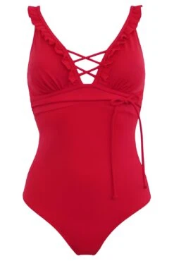 Frill Lace Up Control Swimsuit - Red 12 Frill Lace Up Control Swimsuit - Red -Sultry Curve 286937 20220531145100