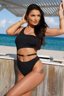 India Chains Recycled One Shoulder Cut Out Swimsuit - Black