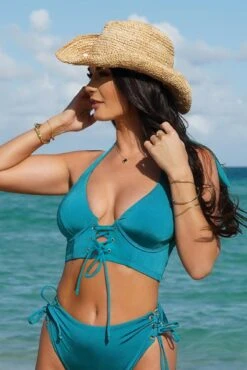 India Recycled Longline Underwired Halter Top - Turquoise