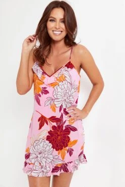 Luxe Woven Frill Detail Hidden Support Chemise - Pink Floral