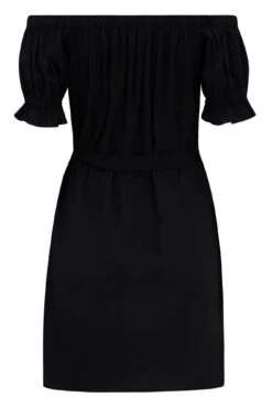 Woven Puff Sleeve Belted Bardot Dress - Black 17 Woven Puff Sleeve Belted Bardot Dress - Black -Sultry Curve 290992 20230413090900