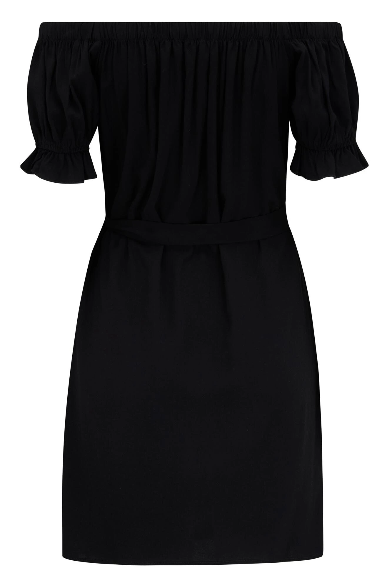 Woven Puff Sleeve Belted Bardot Dress - Black 10 Woven Puff Sleeve Belted Bardot Dress - Black - Image 8
