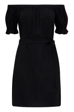 Woven Puff Sleeve Belted Bardot Dress - Black 16 Woven Puff Sleeve Belted Bardot Dress - Black -Sultry Curve 290993 20230413090900