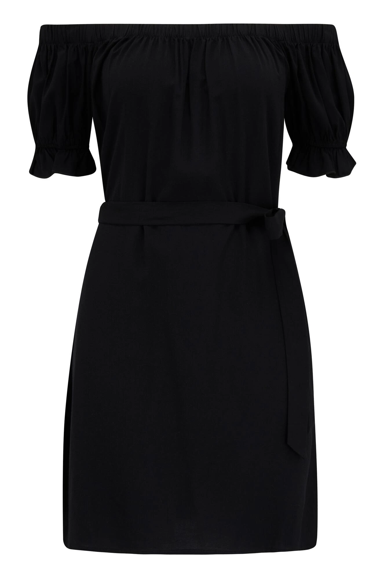 Woven Puff Sleeve Belted Bardot Dress - Black 9 Woven Puff Sleeve Belted Bardot Dress - Black - Image 7