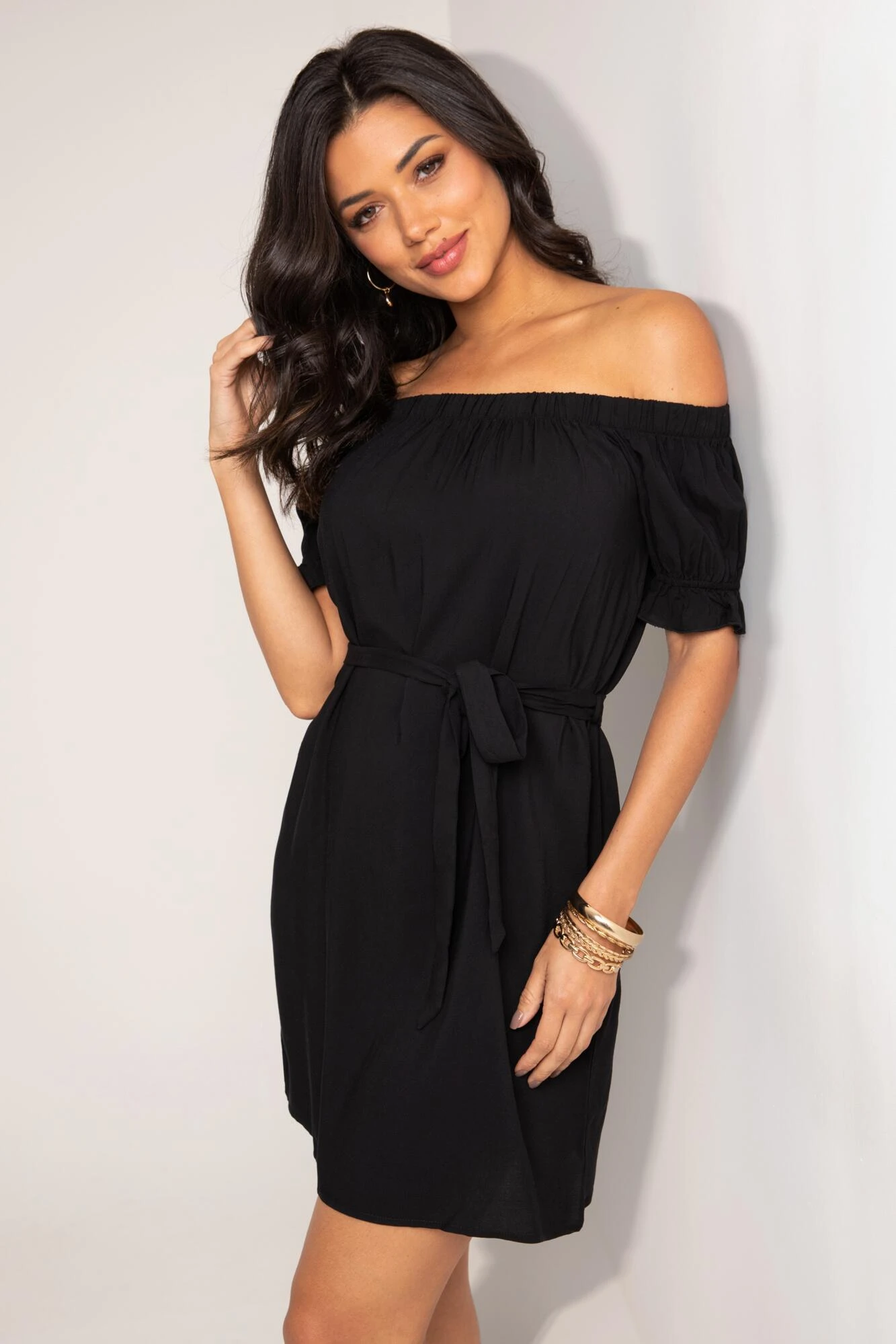 Woven Puff Sleeve Belted Bardot Dress - Black 4 Woven Puff Sleeve Belted Bardot Dress - Black - Image 2