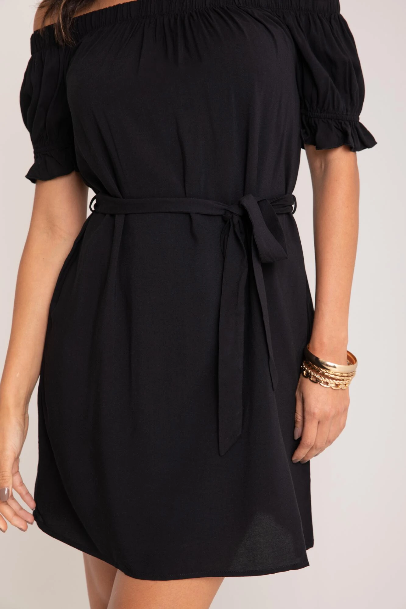 Woven Puff Sleeve Belted Bardot Dress - Black 6 Woven Puff Sleeve Belted Bardot Dress - Black - Image 4