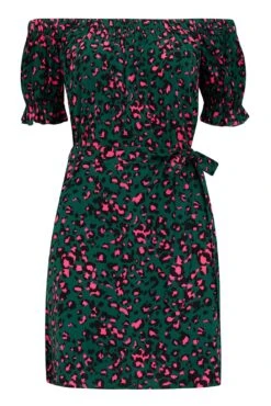 Woven Puff Sleeve Belted Bardot Dress - Forest/Pink Leopard 14 Woven Puff Sleeve Belted Bardot Dress - Forest/Pink Leopard -Sultry Curve 291001 20221206123700