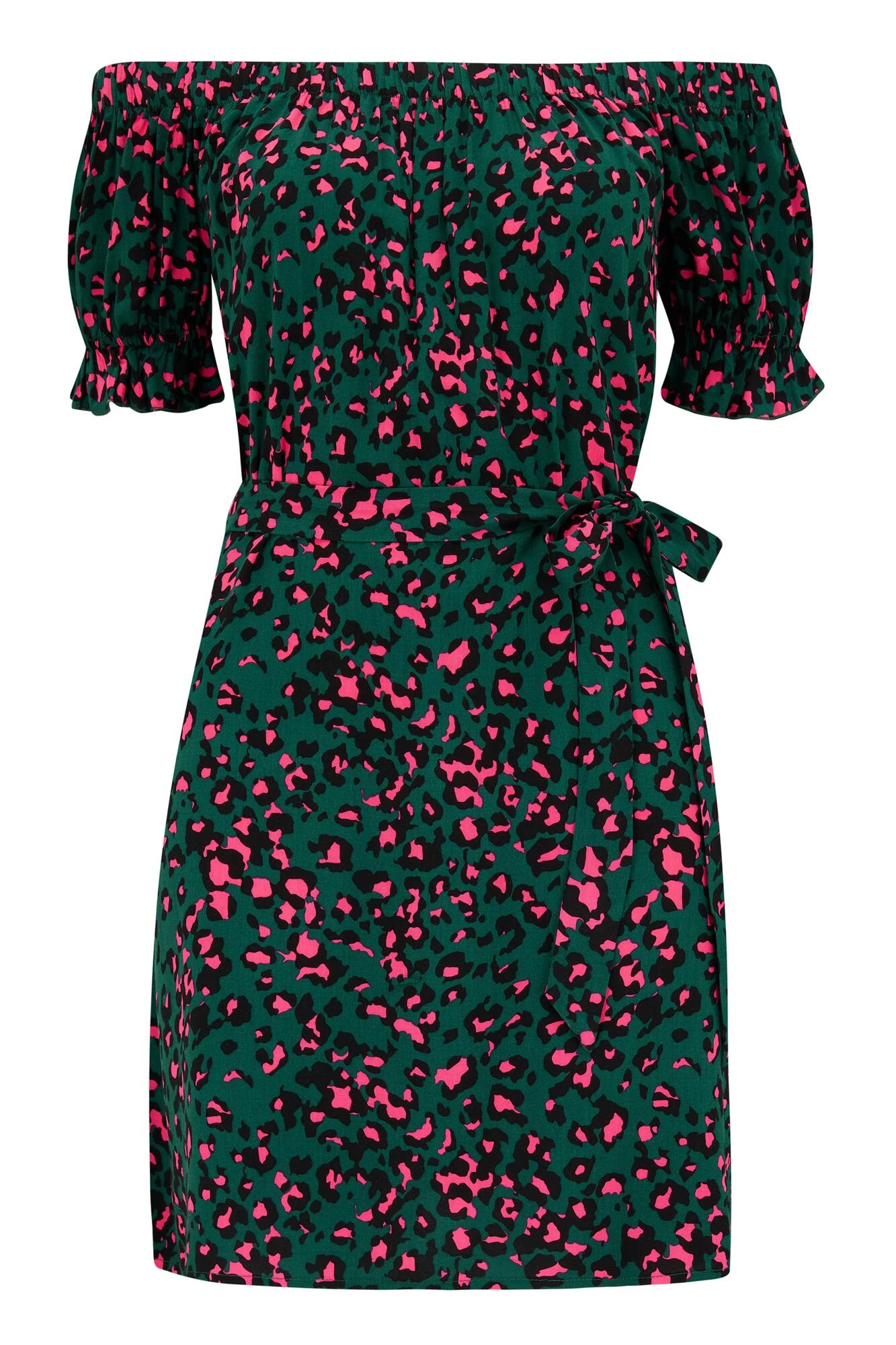 Woven Puff Sleeve Belted Bardot Dress - Forest/Pink Leopard 8 Woven Puff Sleeve Belted Bardot Dress - Forest/Pink Leopard - Image 6