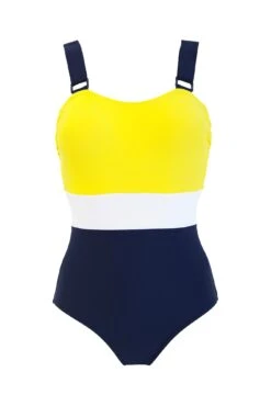 Colour Block Tummy Control Swimsuit - Yellow/Navy/White -Sultry Curve 298959 20221021112000