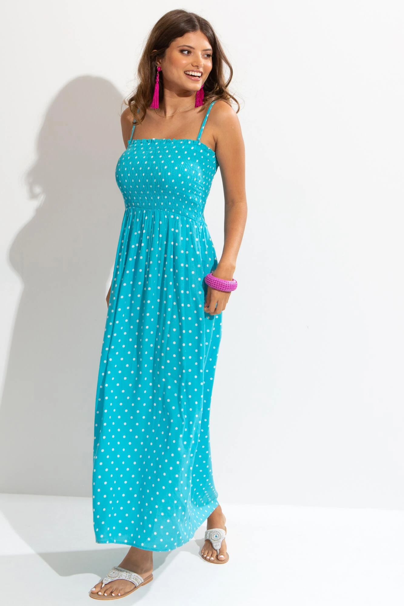 Removable Straps Shirred Bodice Maxi Dress - Aqua Spot 4 Removable Straps Shirred Bodice Maxi Dress - Aqua Spot - Image 2