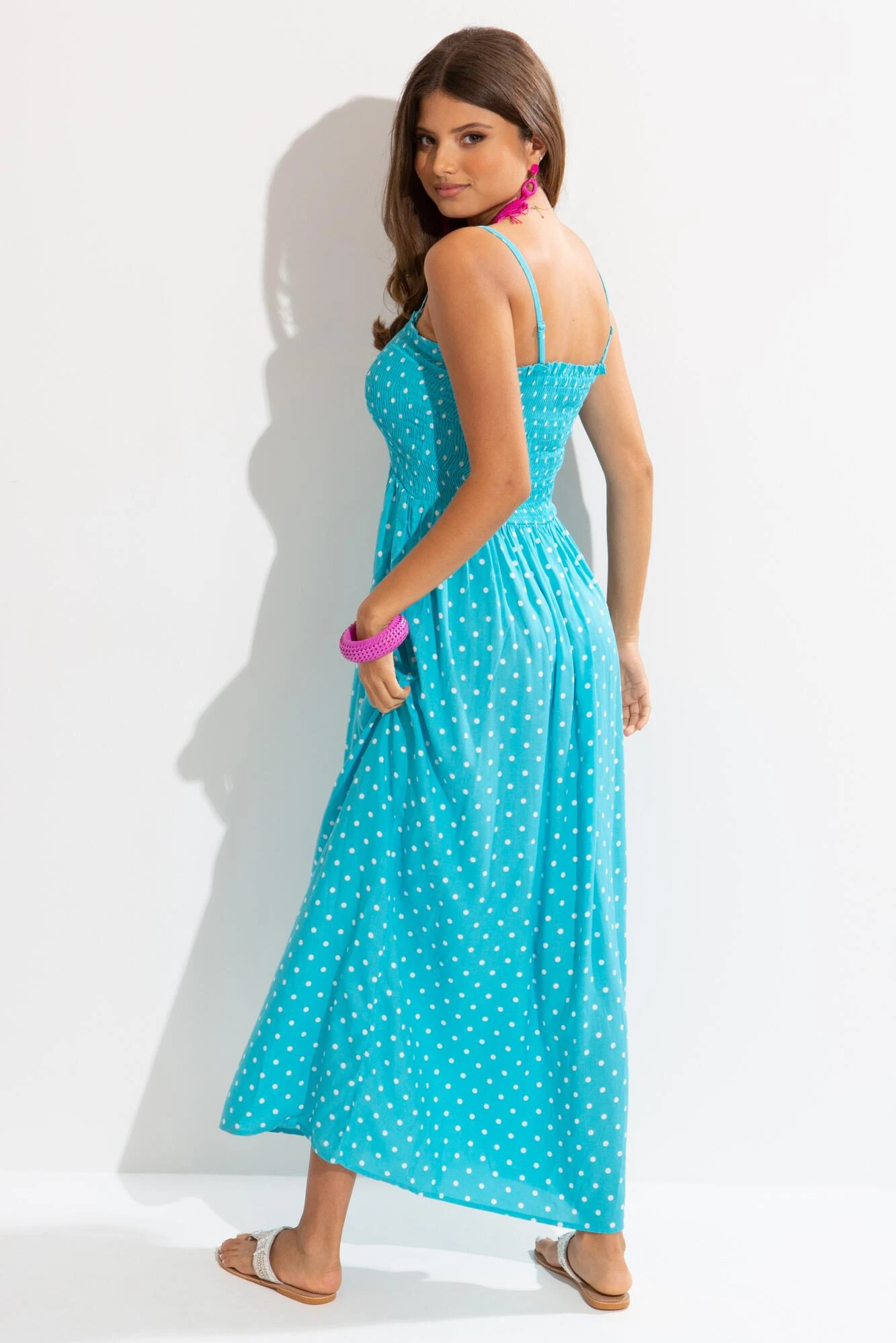 Removable Straps Shirred Bodice Maxi Dress - Aqua Spot 5 Removable Straps Shirred Bodice Maxi Dress - Aqua Spot - Image 3