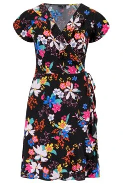 Woven EcoVero™ Frill Wrap Dress - Black Tropical -Sultry Curve 300139 20221102135800