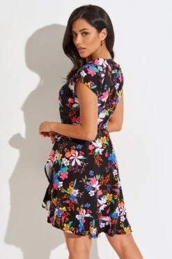 Woven EcoVero™ Frill Wrap Dress - Black Tropical -Sultry Curve 300142 20221102135800