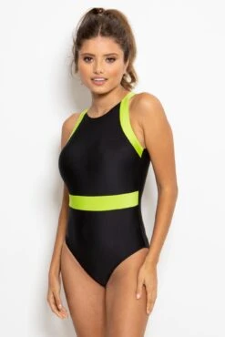 Energy Chlorine Resistant High Leg Swimsuit - Black/Lime -Sultry Curve 301453 20221201112800