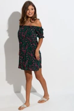 Woven Puff Sleeve Belted Bardot Dress - Forest/Pink Leopard 11 Woven Puff Sleeve Belted Bardot Dress - Forest/Pink Leopard -Sultry Curve 301971 20221206123700