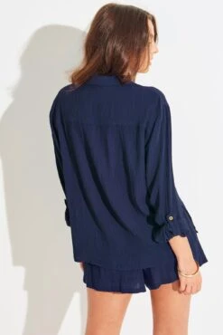 Crinkle Viscose Gold Trim Beach Shirt - Navy -Sultry Curve 302174 20221208165100