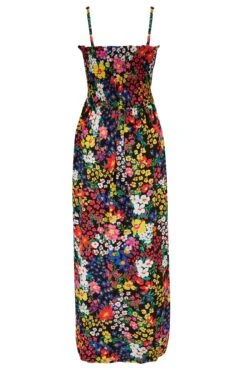 Removable Straps Shirred Bodice Maxi Dress - Black Ditsy -Sultry Curve 305062 20230103145800