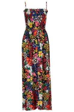 Removable Straps Shirred Bodice Maxi Dress - Black Ditsy -Sultry Curve 305063 20230103145800