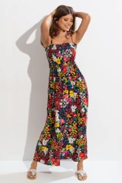 Removable Straps Shirred Bodice Maxi Dress - Black Ditsy -Sultry Curve 305065 20230103145800